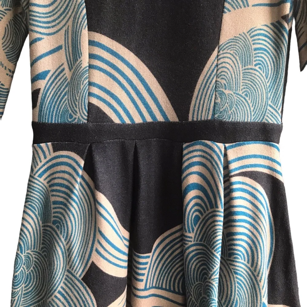 REBORN Boho Swirls Dress Pockets Size L Black Blue Art Deco 3/4 Sleeves Comfy